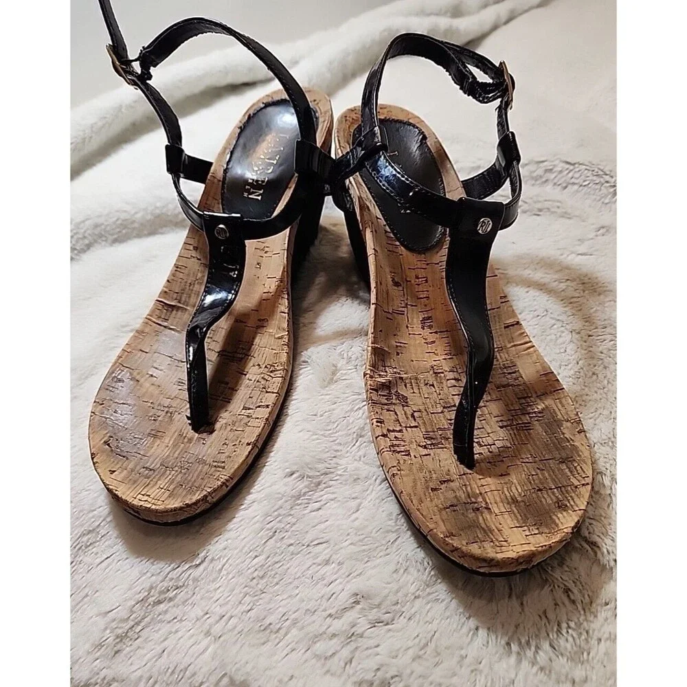 Lauren Ralph Lauren LRL Leather T strap Thong Wedge Rosalia Sandals Womens‎ 8 B